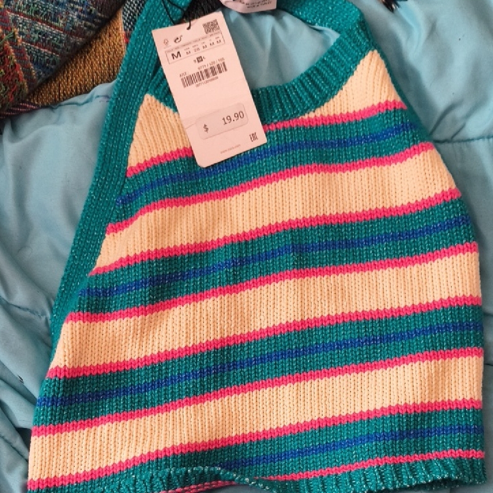 Striped Knit Halter Sweater Top in Cream, Teal & Pink